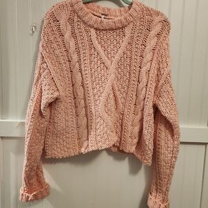 Free People Chunky Cable Knit Crewneck Sweater in Blush Pink